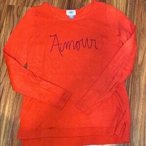 Old Navy Soft Sweater Red w/ Purple Writing Embroidery Women's Size Small